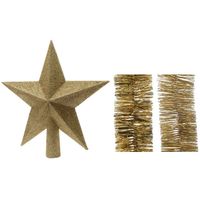 Kerstversiering kunststof glitter ster piek 19 cm en folieslingers pakket goud van 3x stuks