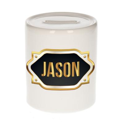 Spaarpot met voornaam Jason - wit - goud/zwart embleem - 8 x 9 cm - keramiek - afsluitdop