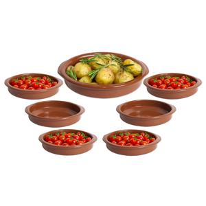 Tapas serveerschalen set - 1x D24 cm en 6x D15 cm - rond - Spaans terracotta ovenschaaltjes