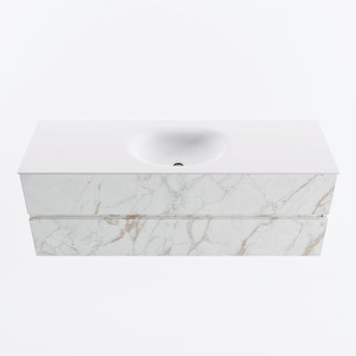 MONDIAZ VICA 140cm badmeubel onderkast Carrara 2 lades. Wastafel MOON midden zonder kraangat, kleur Talc.