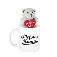 Moederdag cadeau Liefste mama beker / mok 300 ml met beige knuffelbeertje met love hartje