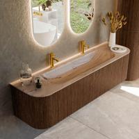 Badmeubel Mondiaz Kurve-Dlux | 170 cm | Meubelkleur Walnut | Wastafelkleur Arena | Solid surface | Wasbak midden spoelbak | 2 kraangaten