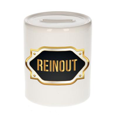 Spaarpot met voornaam Reinout - wit - goud/zwart embleem - 8 x 9 cm - keramiek - afsluitdop Spaarpot met voornaam Reinout - wit - goud/zwart embleem - 8 x 9 cm - keramiek - afsluitdop