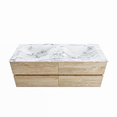 MONDIAZ VICA-DLUX 130cm badmeubel onderkast Washed Oak 4 lades. Inbouw wastafel CLOUD dubbel 2 kraangaten, kleur Glace.