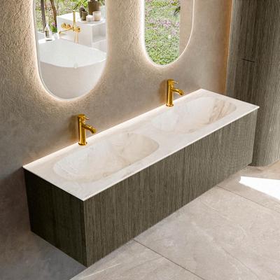Badmeubel Mondiaz Kurve-Dlux | 150 cm cm | Meubelkleur Shadow | Wastafelkleur Frappe | Solid surface | Wasbak beiden zijden spoelbak | 2 kraangaten