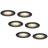 Set van 6 Nola LED inbouwspots - Lage inbouwdiepte (49mm) - 5 Watt 480 lumen - 2700K warm wit - Dimbaar - Rond - IP65 waterdicht voor binnen, buiten en badkamer - Zwart