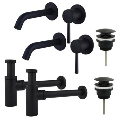 Fortifura Calvi Wastafelkraanset - voor dubbele wastafel - inbouw wastafelkraan - klikwaste plug - design sifon - Mat zwart 2x SW377837/2x SW696199/2x SW696210