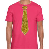 Verkleed t-shirt voor heren - stropdas glitter goud - roze - carnaval - foute party - thumbnail