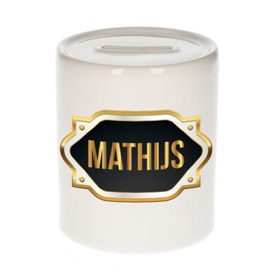 Spaarpot met voornaam Mathijs - wit - goud/zwart embleem - 8 x 9 cm - keramiek - afsluitdop Spaarpot met voornaam Mathijs - wit - goud/zwart embleem - 8 x 9 cm - keramiek - afsluitdop