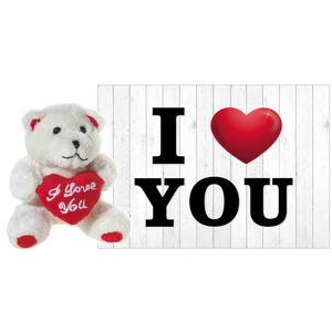 Pluche knuffel Valentijn I Love You beertje 10 cm met hartjes wenskaart