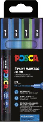 Uni POSCA paintmarker PC-3ML, 1,5 mm, glitter, etui van 4 stuks donkerblauw, lichtblauw, groen en violet