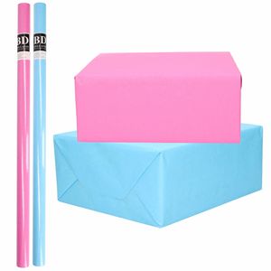 6x Rollen kraft inpakpapier pakket roze en blauw babyshower/geboorte/gender reveal 200 x 70 cm