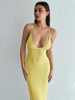 Bon&Bon Black Crochet Long Dress - Sexy Backless Sheer Knit Maxi Yellow / M