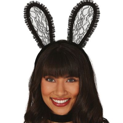 Verkleed diadeem sexy paashaas/bunny oren - zwart kant - dames - Carnaval