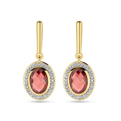 Luxe 14k Geelgouden Oorhangers met Granaat en Diamant - 26mm Hoog, Karabijnsluiting