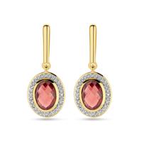 Luxe 14k Geelgouden Oorhangers met Granaat en Diamant - 26mm Hoog, Karabijnsluiting