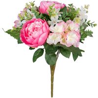 Kunstbloemen boeket roos/hortensia - roze/cerise - H39 cm - Bloemstuk - Bladgroen - thumbnail