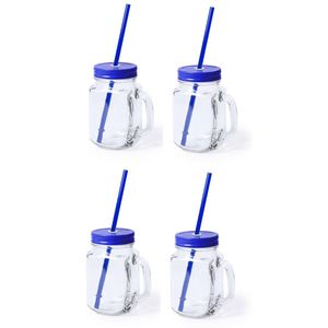 4x stuks Drink potjes van glas Mason Jar blauwe deksel 500 ml - Drinkbekers