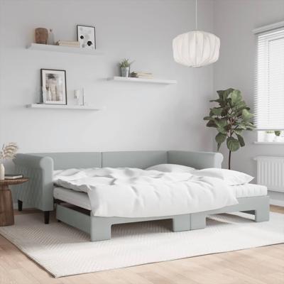Slaapbank onderschuifbed matrassen 100x200cm fluweel lichtgrijs