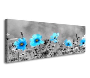 Schilderij - Veld Bloemen, Blauw/Grijs, 120X40cm, 1luik