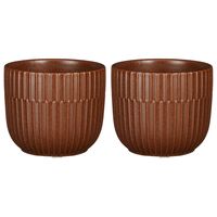 2x stuks Plantenpot/bloempot keramiek mat bruin stripes patroon - D11/H9 cm - thumbnail