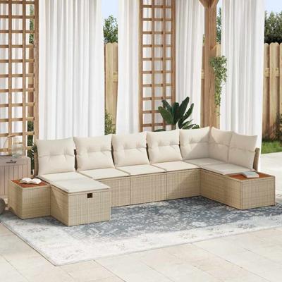7-delige tuinset met kussens in beige poly rattan