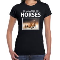 Bruine paarden t-shirt met dieren foto amazing horses zwart voor dames - thumbnail