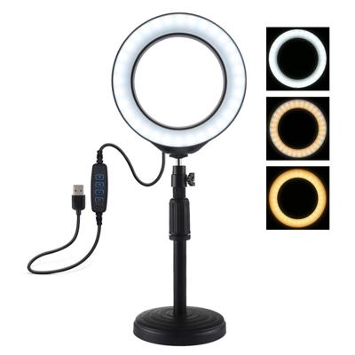 PULUZ ronde basis Desktop Mount + 6 2 inch 3 modi USB Dimbare LED ring VLogging video licht verstelbare hoogte: 18cm-28cm