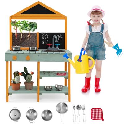 Buitenkeuken voor Kinderen met Plantenbak Draaibare Kraan en Afneembare Gootsteen 2 Krijtborden Kookgerei Accessoires Inbegrepen