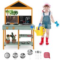 Buitenkeuken voor Kinderen met Plantenbak Draaibare Kraan en Afneembare Gootsteen 2 Krijtborden Kookgerei Accessoires Inbegrepen