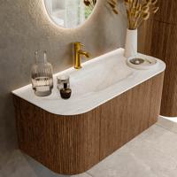 Mondiaz KURVE-DLUX 100 cm Onderkast Greeploos 1 Lade Met Deuren Walnut, Wastafel Solid Surface MIdden Ostra 1 Kraangat Zonder Spiegel (KRVGRU100L+R1L2D1KM-Wal/Ost)
