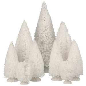 9x stuks kerstdorp onderdelen miniatuur kerstbomen/dennenbomen wit    -