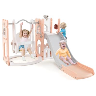 7 in 1 L-Vormige Peuterschommel- en Glijbaan Set Vrijstaande Kinderglijbaan Set met Schommel Roze + Grijs