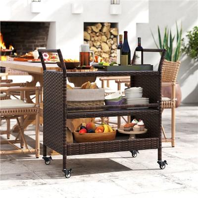 Buiten-barwagen 3-laags Patio Rattan Rek met Vergrendelbare Universele Wielen & Zijgrepen 86 x 50 x 89 cm