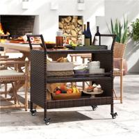 Buiten-barwagen 3-laags Patio Rattan Rek met Vergrendelbare Universele Wielen & Zijgrepen 86 x 50 x 89 cm