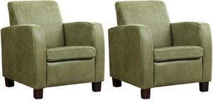 Set van 2 Olijfgroene leren landelijke fauteuils Joy - poot hout zwart - Kenia Leer Olive (olijfgroen leer)