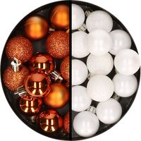 34x stuks kunststof kerstballen oranje en wit 3 cm - thumbnail