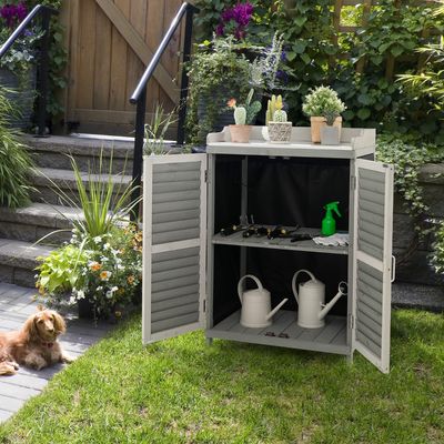 Houten Tuinman Tafel Opberg Kast met Metalen Gecoat Tafelblad 2 Opbergplanken Waterdichte Gereedschapsschuur voor Tuin/Terra