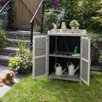Houten Tuinman Tafel Opberg Kast met Metalen Gecoat Tafelblad 2 Opbergplanken Waterdichte Gereedschapsschuur voor Tuin/Terra