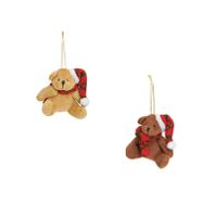 2x Kersthangers knuffelbeertjes beige en bruin met gekleurde sjaal en muts 7 cm   -