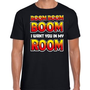 Foute party t-shirt voor heren - Boom boom boom i want you in my room - zwart - carnaval/themafeest