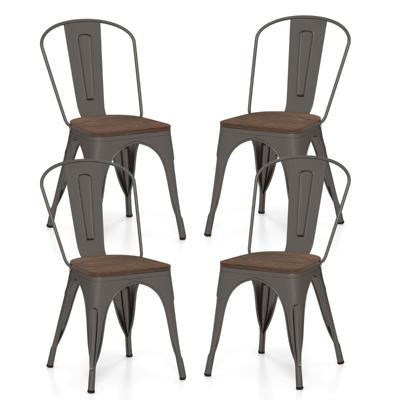 Set van 4 Metalen Eetkamerstoelen Stapelbare Stoelen voor in de Keuken met Houten Zitting en Afneembare Hoge Rugleuning Eetkamerstoelen