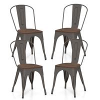 Set van 4 Metalen Eetkamerstoelen Stapelbare Stoelen voor in de Keuken met Houten Zitting en Afneembare Hoge Rugleuning Eetkamerstoelen