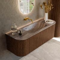 Badmeubel Mondiaz Kurve-Dlux | 130 cm | Meubelkleur Walnut | Wastafelkleur Oza | Solid surface | Wasbak midden spoelbak | Zonder kraangat(en)