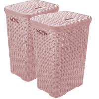 Wasmand met deksel Rotan - 2x - roze - gevlochten kunststof - 60 liter - 34 x 43 x 62 cm