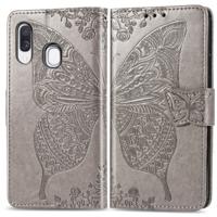 Butterfly Love bloemen reliëf horizontale Flip lederen case voor Galaxy A40 met houder & kaartsleuven & portemonnee & Lanyard (grijs)