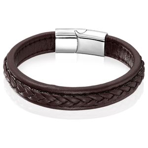 LGT Jewels Heren Armband Bruin Leer Gevlochten Edelstaal Sluiting-19cm