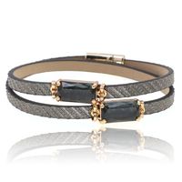 Leren Boho stijl dames armband in zwart en goud met 2 glasstenen - thumbnail