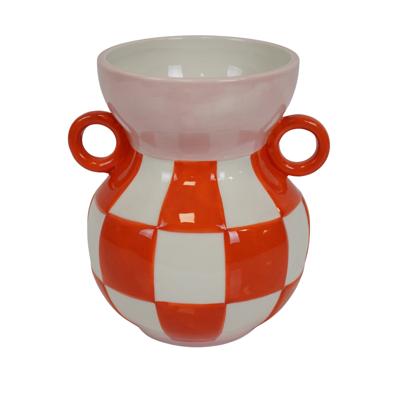 Vaas - Kan - Keramiek - Oranje/Roze - 14,5x14x17cm