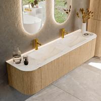 Badmeubel Mondiaz Kurve-Dlux | 180 cm | Meubelkleur Oak | Wastafelkleur Ostra | Solid surface | Dubbele spoelbak | 2 kraangaten